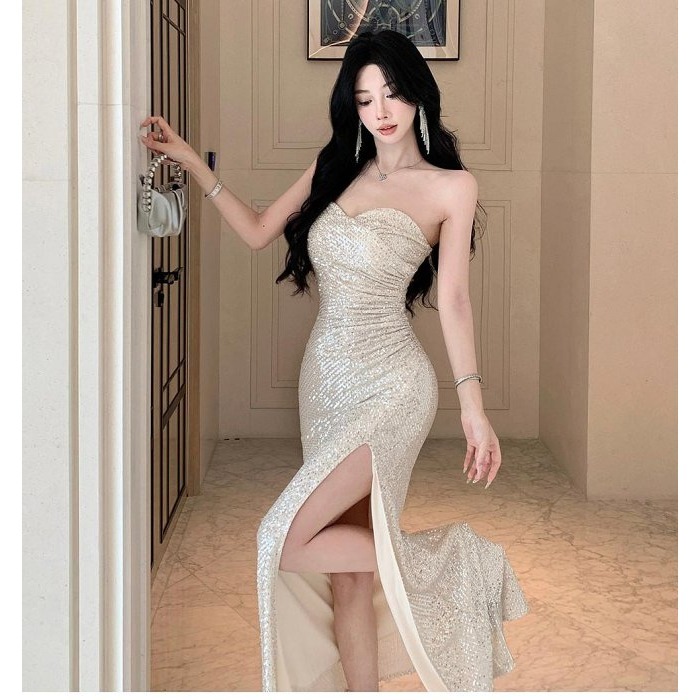 奪目耀眼 高貴 貴氣 平口低胸亮片魚尾長禮服 亮片禮服 性感晚宴服 香檳金 金色亮片洋裝 婚禮禮服 伴娘禮服-細節圖3