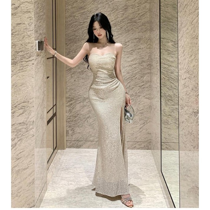 奪目耀眼 高貴 貴氣 平口低胸亮片魚尾長禮服 亮片禮服 性感晚宴服 香檳金 金色亮片洋裝 婚禮禮服 伴娘禮服-細節圖4