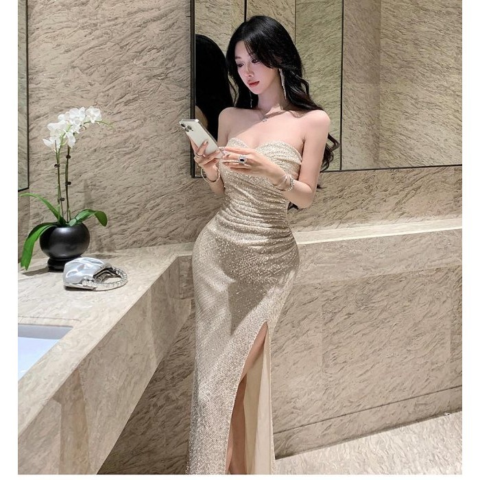 奪目耀眼 高貴 貴氣 平口低胸亮片魚尾長禮服 亮片禮服 性感晚宴服 香檳金 金色亮片洋裝 婚禮禮服 伴娘禮服-細節圖5