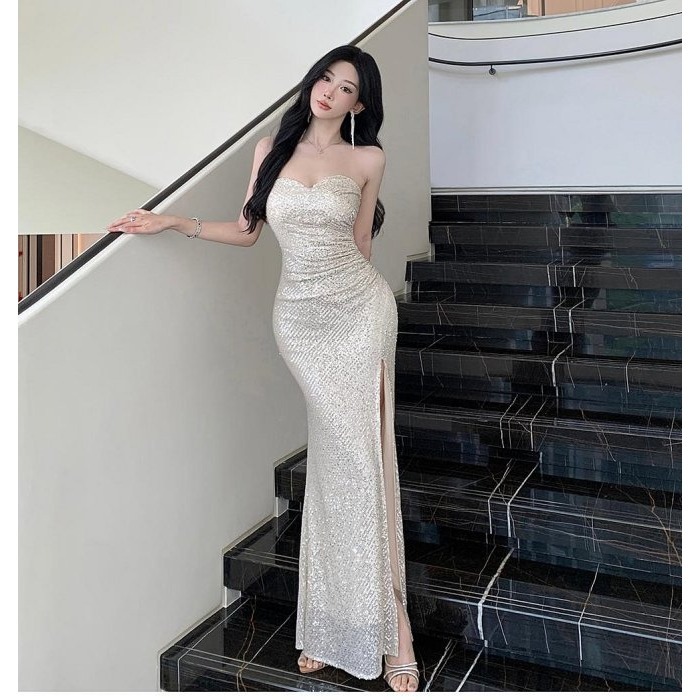 奪目耀眼 高貴 貴氣 平口低胸亮片魚尾長禮服 亮片禮服 性感晚宴服 香檳金 金色亮片洋裝 婚禮禮服 伴娘禮服-細節圖6