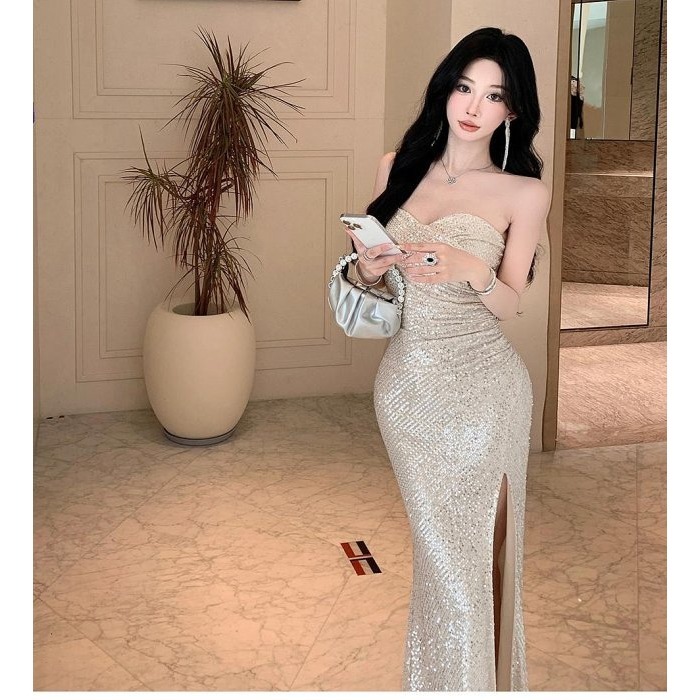 奪目耀眼 高貴 貴氣 平口低胸亮片魚尾長禮服 亮片禮服 性感晚宴服 香檳金 金色亮片洋裝 婚禮禮服 伴娘禮服-細節圖7