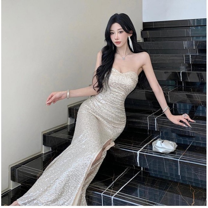 奪目耀眼 高貴 貴氣 平口低胸亮片魚尾長禮服 亮片禮服 性感晚宴服 香檳金 金色亮片洋裝 婚禮禮服 伴娘禮服-細節圖8