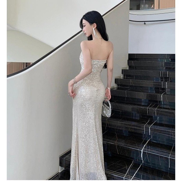 奪目耀眼 高貴 貴氣 平口低胸亮片魚尾長禮服 亮片禮服 性感晚宴服 香檳金 金色亮片洋裝 婚禮禮服 伴娘禮服-細節圖9