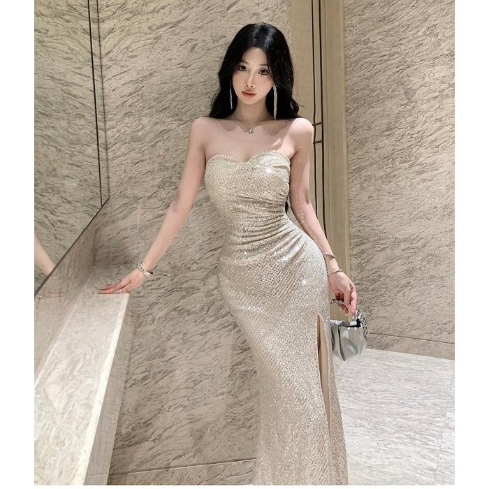 奪目耀眼 高貴 貴氣 平口低胸亮片魚尾長禮服 亮片禮服 性感晚宴服 香檳金 金色亮片洋裝 婚禮禮服 伴娘禮服-細節圖10