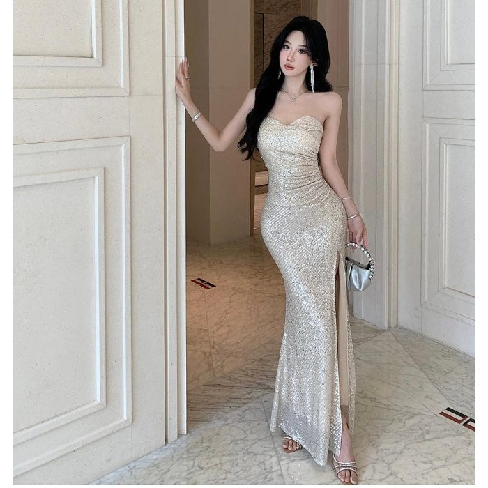 奪目耀眼 高貴 貴氣 平口低胸亮片魚尾長禮服 亮片禮服 性感晚宴服 香檳金 金色亮片洋裝 婚禮禮服 伴娘禮服-細節圖11