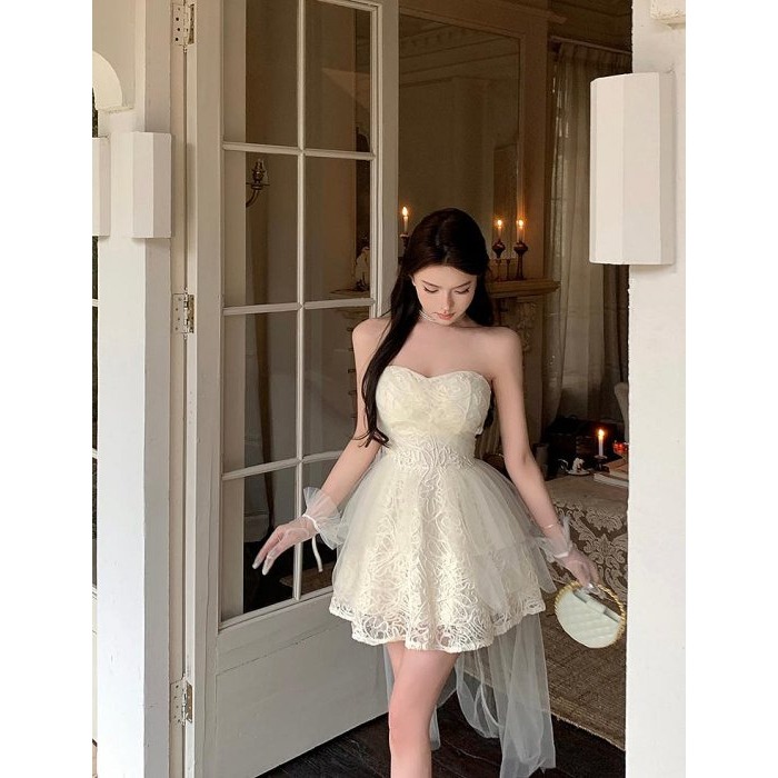 法式 甜美 平口蕾絲優雅拖擺小禮服 澎澎裙 婚禮婚紗 伴娘禮服 紗裙 米白色禮服 輕婚紗 公主禮服-細節圖3