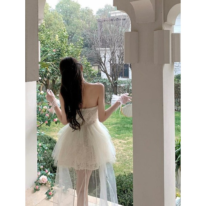 法式 甜美 平口蕾絲優雅拖擺小禮服 澎澎裙 婚禮婚紗 伴娘禮服 紗裙 米白色禮服 輕婚紗 公主禮服-細節圖7