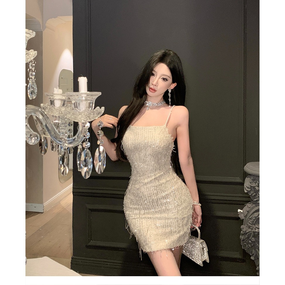 奢華迷人 復古華麗 細肩帶低胸 高質感亮片 閃閃流蘇小禮服 香檳金 合身 包臀 性感洋裝 夜店洋裝 晚宴服 伴娘禮服-細節圖2