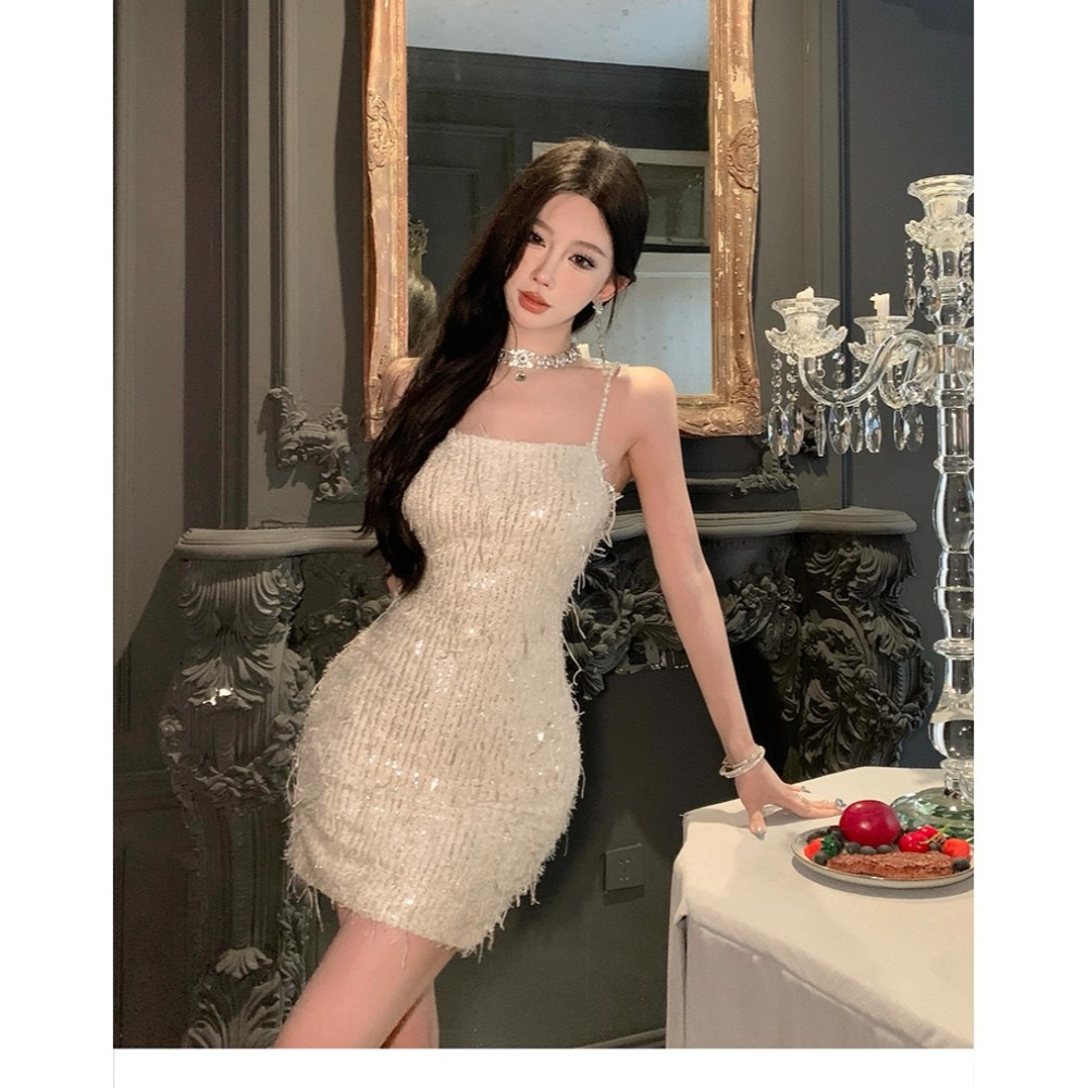 奢華迷人 復古華麗 細肩帶低胸 高質感亮片 閃閃流蘇小禮服 香檳金 合身 包臀 性感洋裝 夜店洋裝 晚宴服 伴娘禮服-細節圖5