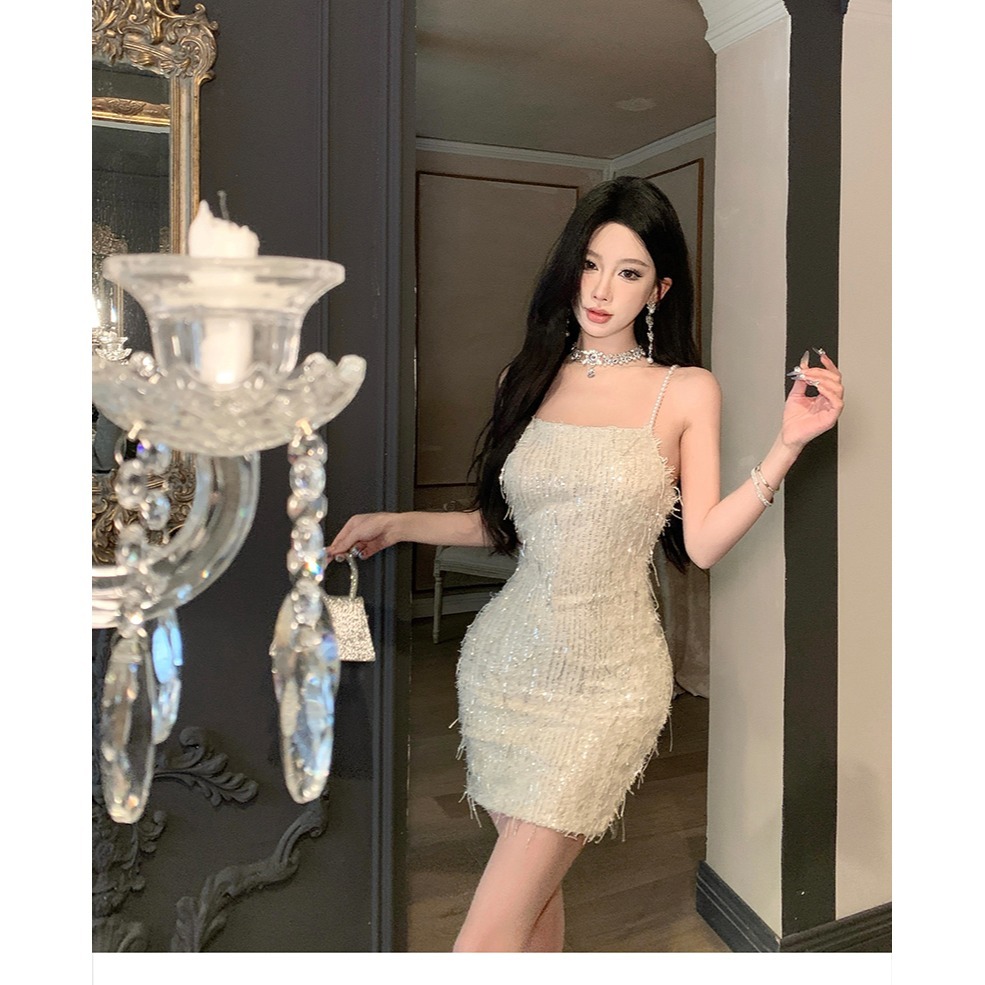 奢華迷人 復古華麗 細肩帶低胸 高質感亮片 閃閃流蘇小禮服 香檳金 合身 包臀 性感洋裝 夜店洋裝 晚宴服 伴娘禮服-細節圖6