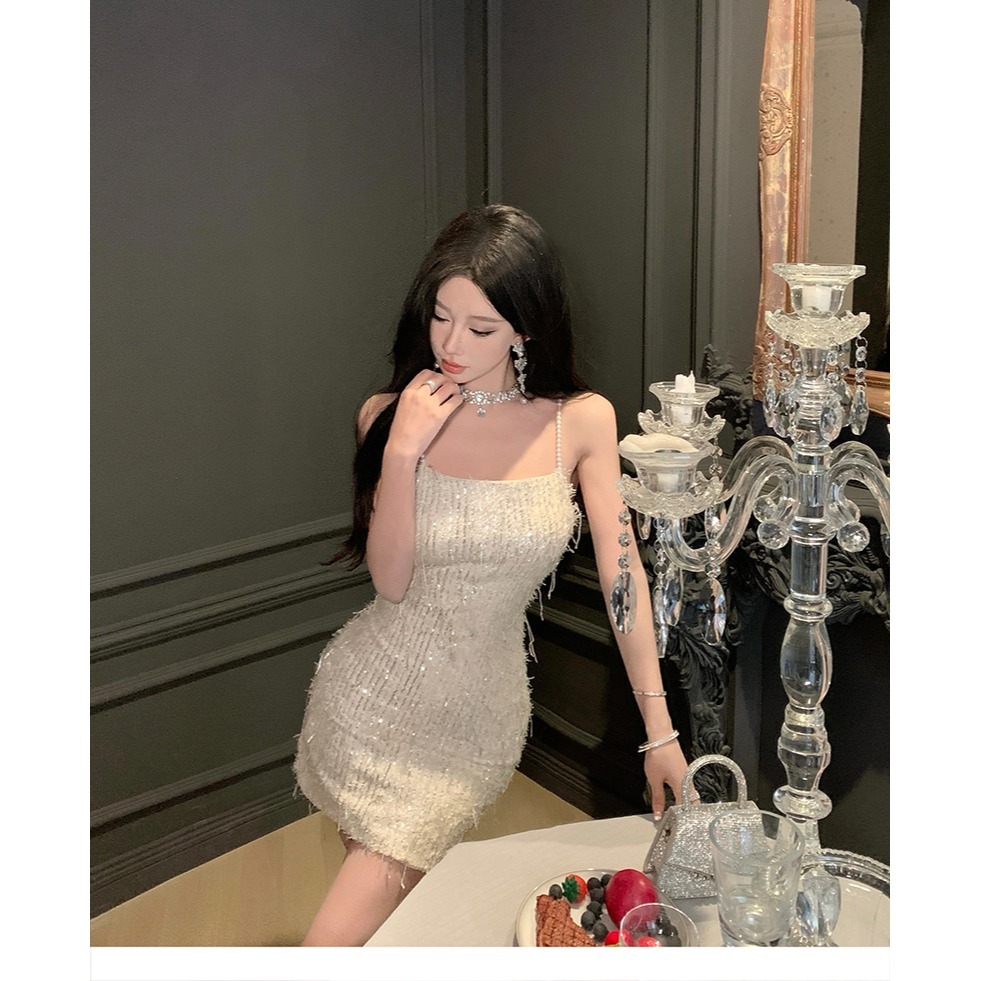 奢華迷人 復古華麗 細肩帶低胸 高質感亮片 閃閃流蘇小禮服 香檳金 合身 包臀 性感洋裝 夜店洋裝 晚宴服 伴娘禮服-細節圖7