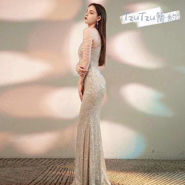 氣質 華麗風華 復古風 露肩 高級晚宴服削肩流蘇亮片禮服 香檳金 婚宴 聚會 女神洋裝 亮片禮服 魚尾裙 長禮服 晚禮服-細節圖2