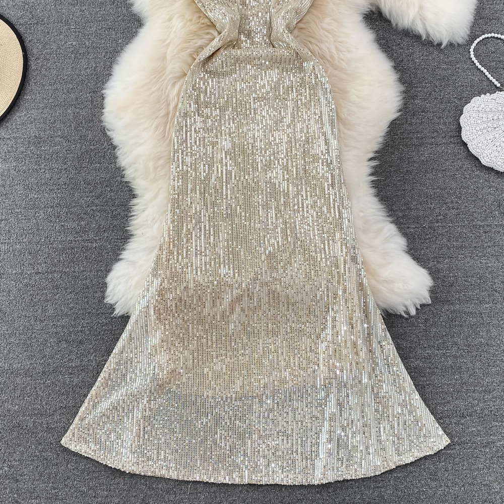 氣質 華麗風華 復古風 露肩 高級晚宴服削肩流蘇亮片禮服 香檳金 婚宴 聚會 女神洋裝 亮片禮服 魚尾裙 長禮服 晚禮服-細節圖4