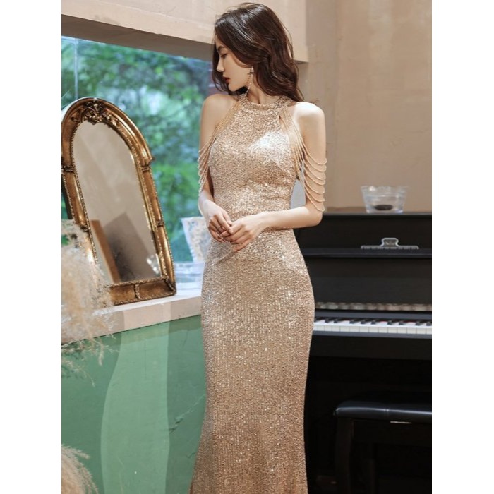 氣質 華麗風華 復古風 露肩 高級晚宴服削肩流蘇亮片禮服 香檳金 婚宴 聚會 女神洋裝 亮片禮服 魚尾裙 長禮服 晚禮服-細節圖7