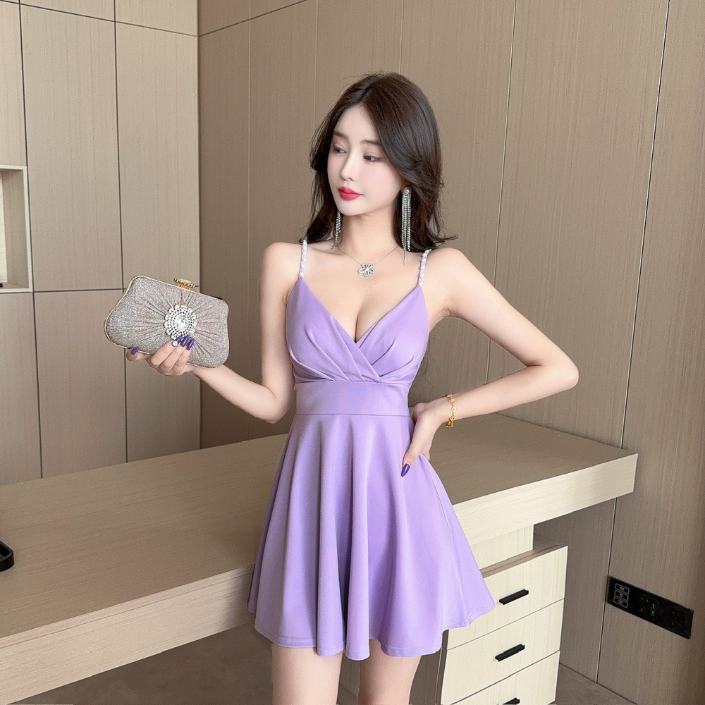 火辣性感 細肩帶低胸A字連身裙 基本款 素面 氣質洋裝 性感小禮服 紫色 杏色 黑色 性感小禮服 伴娘洋裝-細節圖4