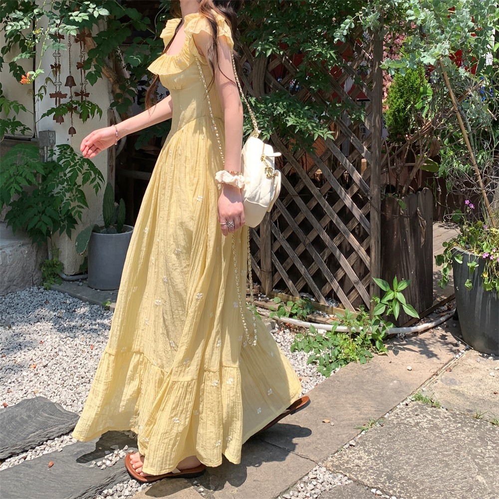 春裝上市 可愛 顯白檸檬黃 寬領高腰 荷葉無袖印花長洋裝 連身裙 海灘裙 印花洋裝 渡假風洋裝 飄逸 波西米亞-細節圖4