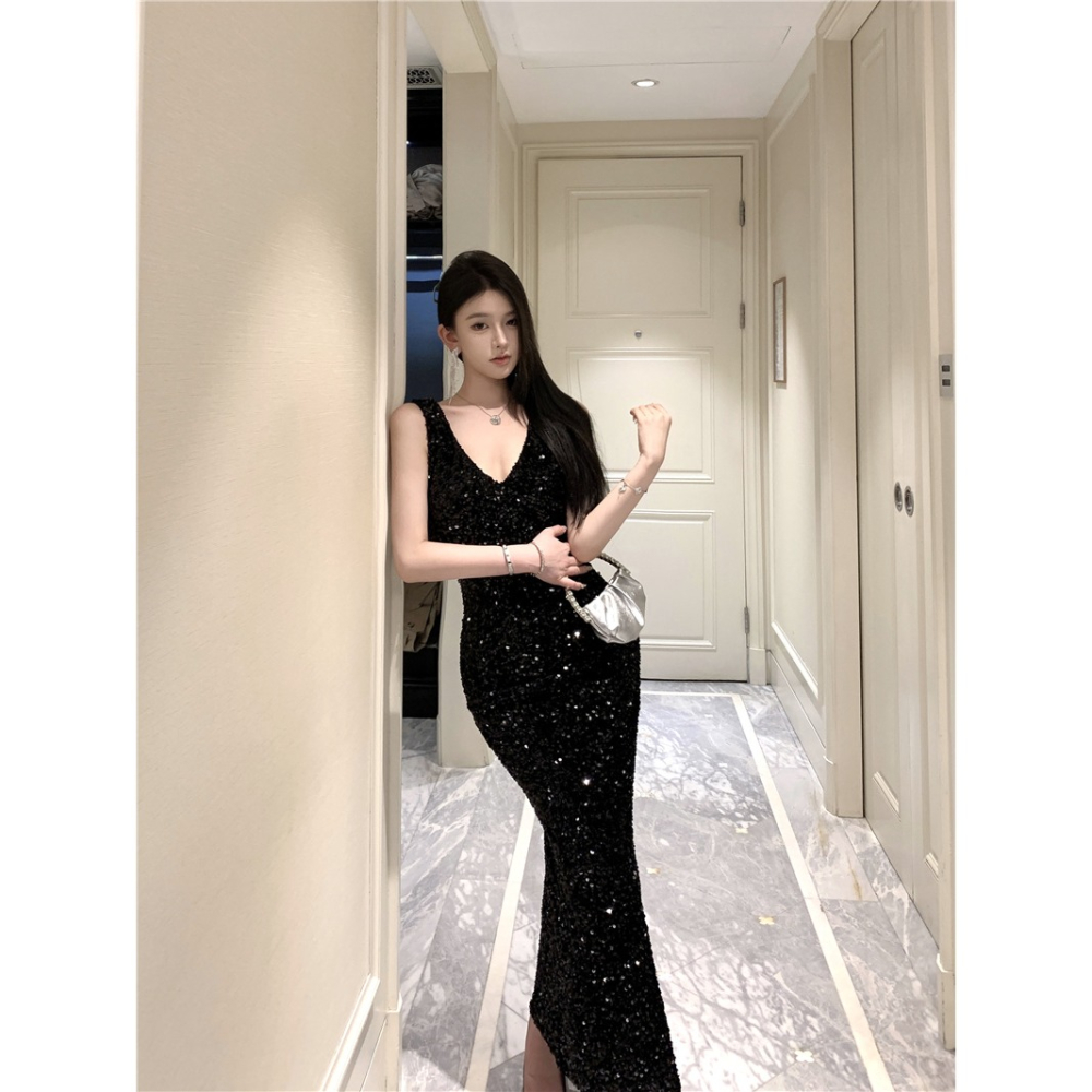 韓系質感 V領無袖亮片唯美魚尾裙 魚尾禮服 亮片長禮服 亮片晚宴服 高雅氣質 白色 黑色 優雅禮服 婚禮禮服 新娘禮服-細節圖2