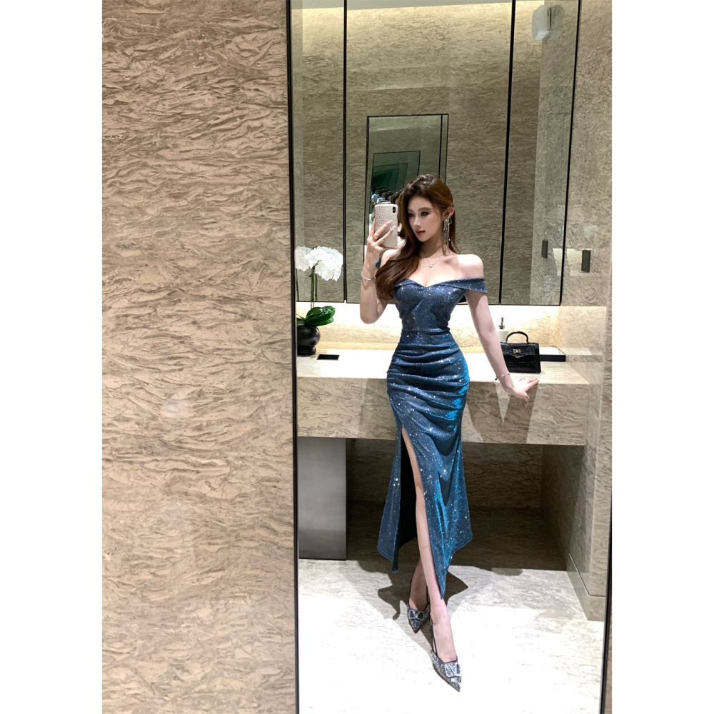 超級名媛感 露肩 一字領 閃耀亮粉開岔露腿長禮服 金蔥 閃亮 搶眼 深藍色 性感晚禮服 性感禮服 晚宴服 奢華洋裝-細節圖5