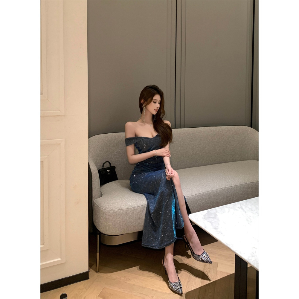 超級名媛感 露肩 一字領 閃耀亮粉開岔露腿長禮服 金蔥 閃亮 搶眼 深藍色 性感晚禮服 性感禮服 晚宴服 奢華洋裝-細節圖6