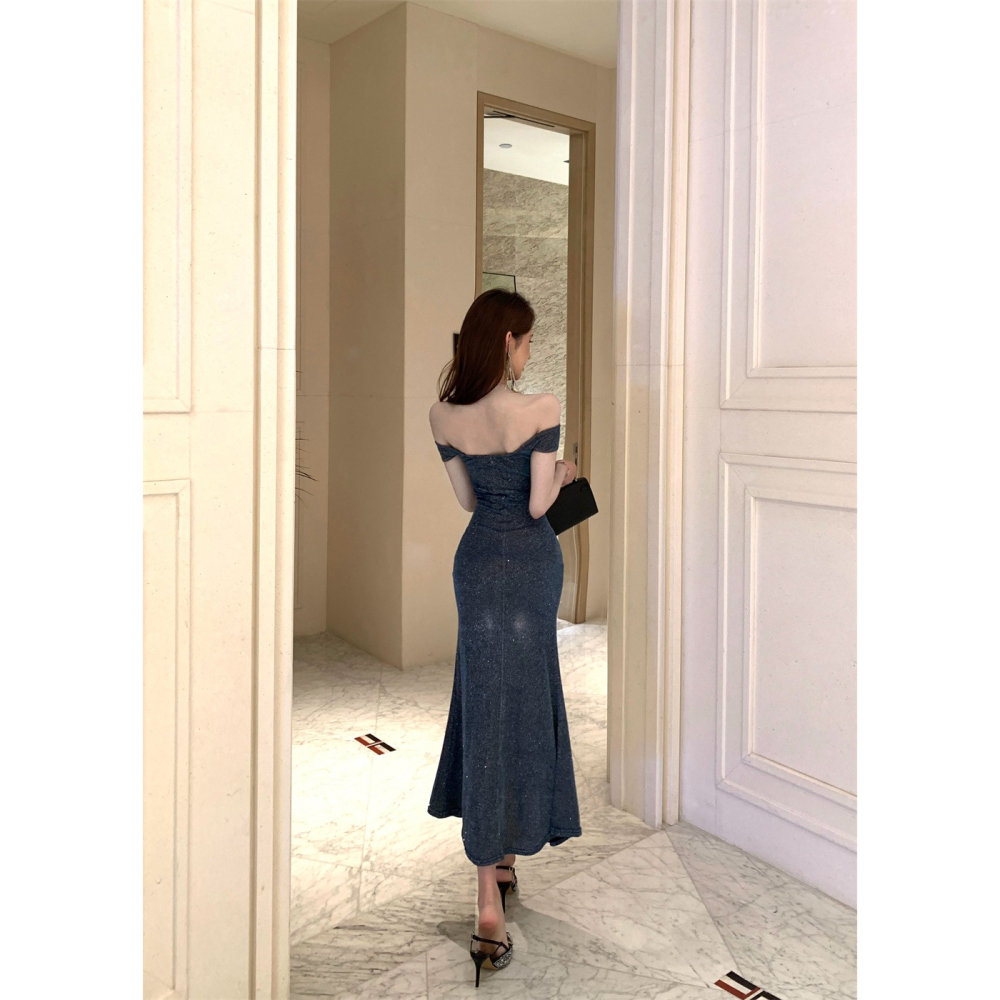 超級名媛感 露肩 一字領 閃耀亮粉開岔露腿長禮服 金蔥 閃亮 搶眼 深藍色 性感晚禮服 性感禮服 晚宴服 奢華洋裝-細節圖7