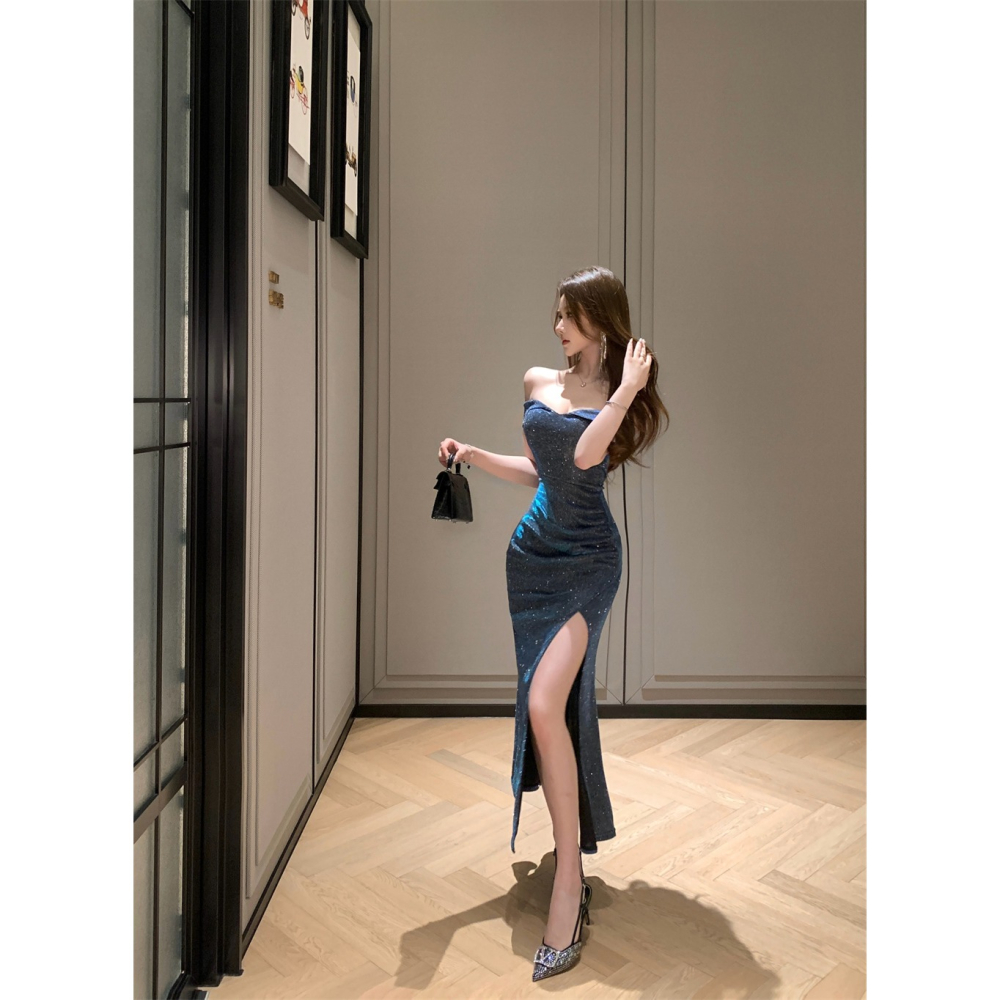 超級名媛感 露肩 一字領 閃耀亮粉開岔露腿長禮服 金蔥 閃亮 搶眼 深藍色 性感晚禮服 性感禮服 晚宴服 奢華洋裝-細節圖8