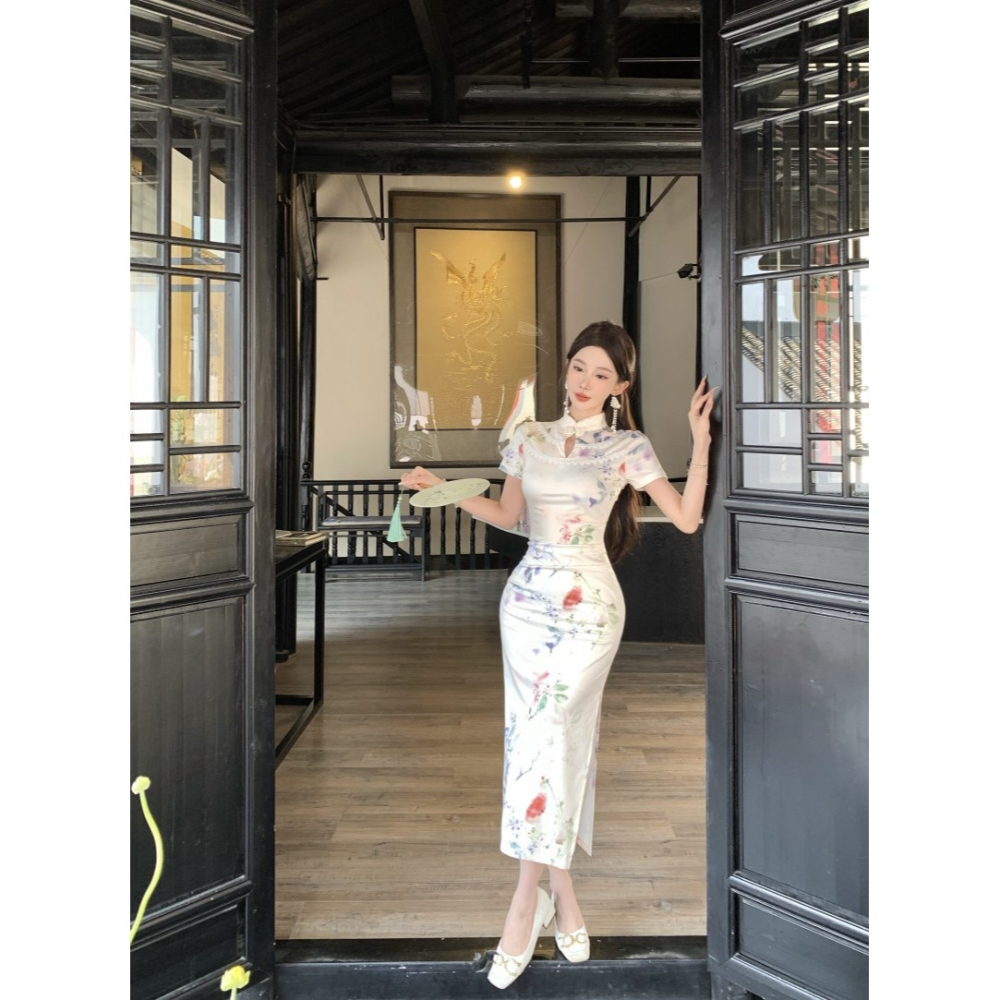 古典美人 優雅中國風 氣質印花質感露腿改良旗袍 性感旗袍 開叉 碎花旗袍 大尺碼 復古旗袍 攝影 古著 白色旗袍-細節圖5