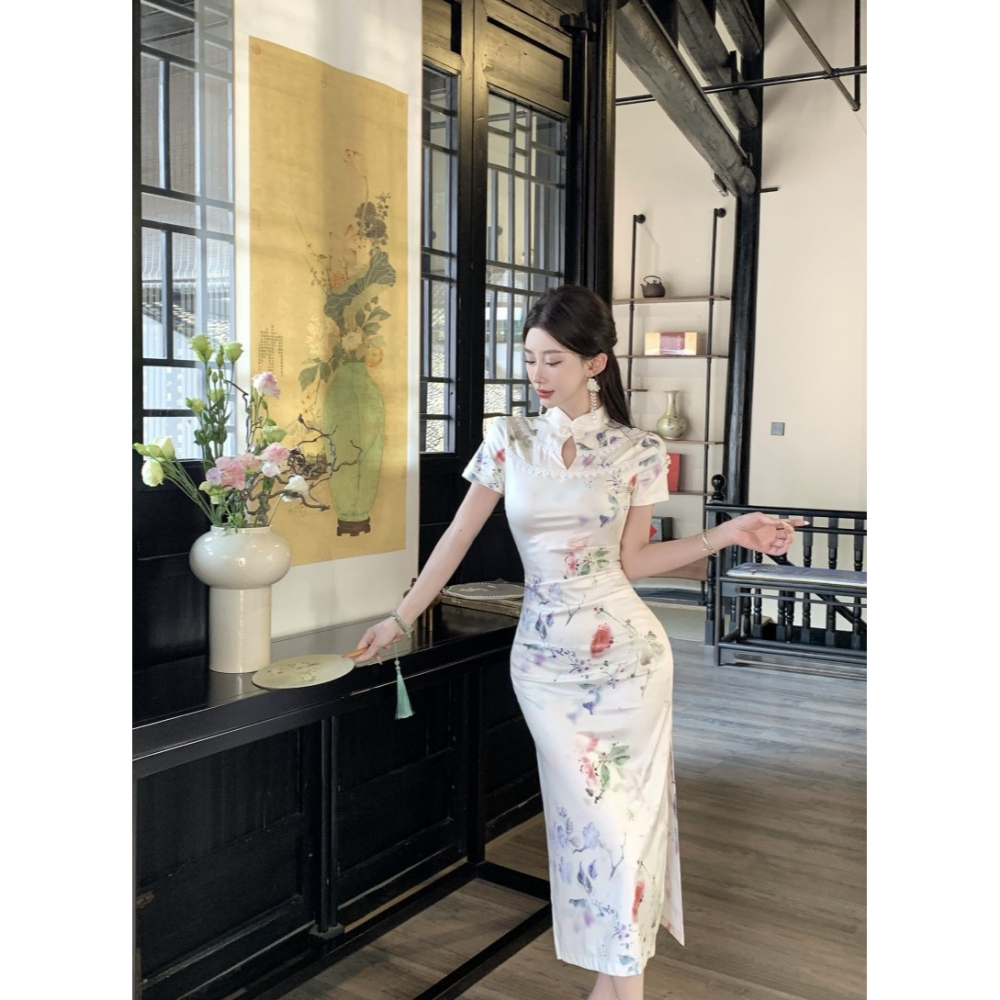 古典美人 優雅中國風 氣質印花質感露腿改良旗袍 性感旗袍 開叉 碎花旗袍 大尺碼 復古旗袍 攝影 古著 白色旗袍-細節圖7