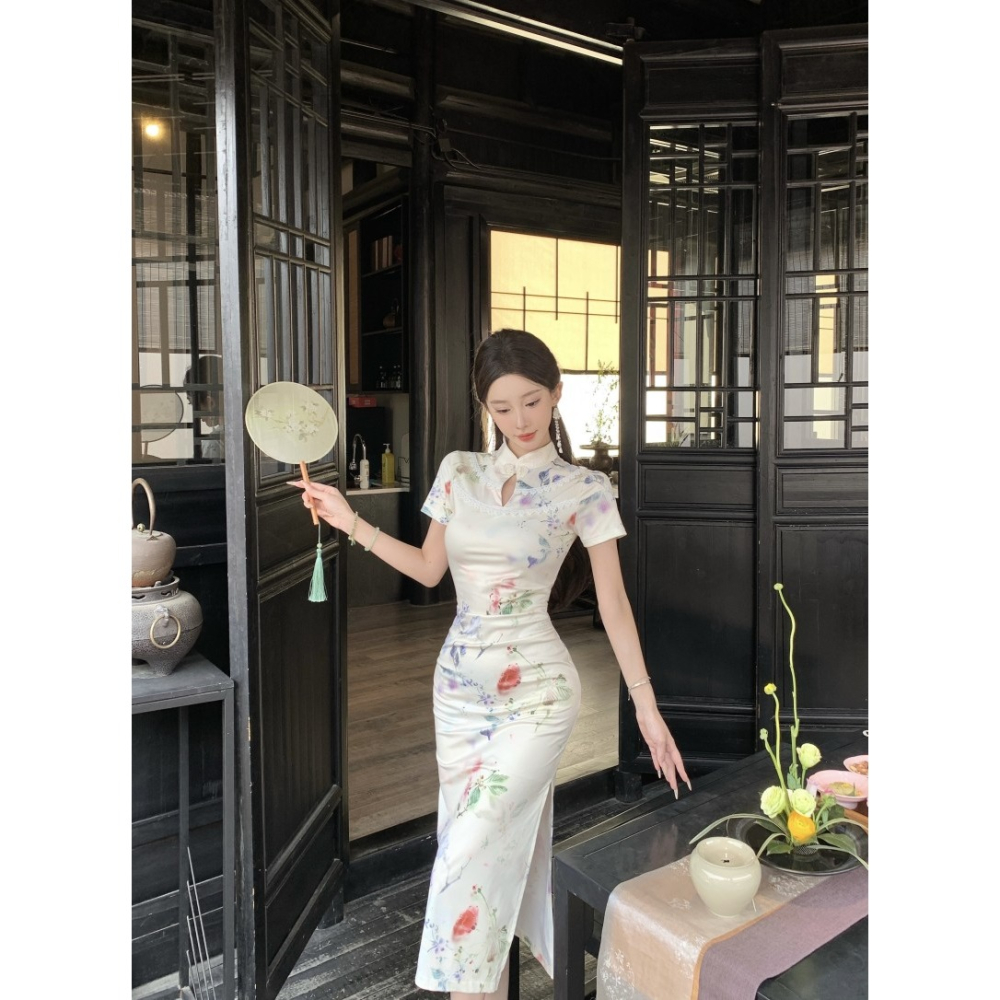 古典美人 優雅中國風 氣質印花質感露腿改良旗袍 性感旗袍 開叉 碎花旗袍 大尺碼 復古旗袍 攝影 古著 白色旗袍-細節圖8