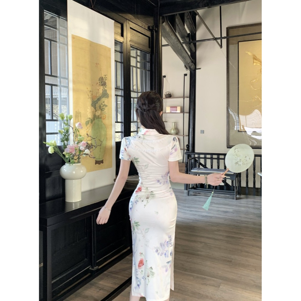 古典美人 優雅中國風 氣質印花質感露腿改良旗袍 性感旗袍 開叉 碎花旗袍 大尺碼 復古旗袍 攝影 古著 白色旗袍-細節圖9