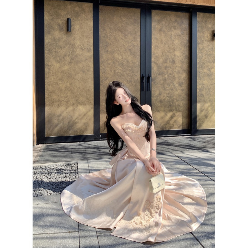 復古典雅 精緻做工 平口蕾絲珍珠高貴馬甲 優雅長裙 長禮服 婚禮禮服 新娘禮服 輕婚紗 古典禮服 香檳色 珠光 套裝-細節圖2