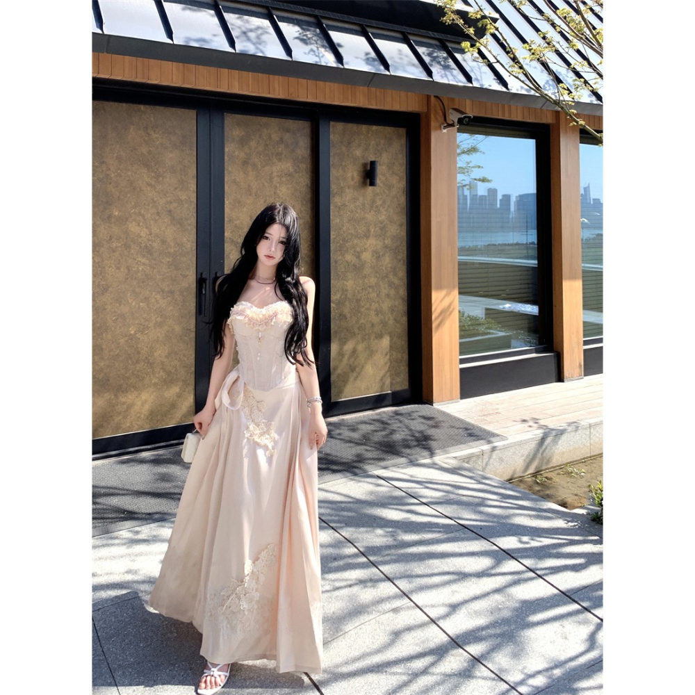 復古典雅 精緻做工 平口蕾絲珍珠高貴馬甲 優雅長裙 長禮服 婚禮禮服 新娘禮服 輕婚紗 古典禮服 香檳色 珠光 套裝-細節圖3