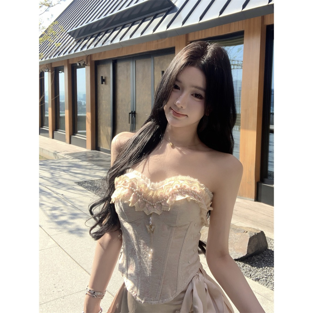 復古典雅 精緻做工 平口蕾絲珍珠高貴馬甲 優雅長裙 長禮服 婚禮禮服 新娘禮服 輕婚紗 古典禮服 香檳色 珠光 套裝-細節圖4