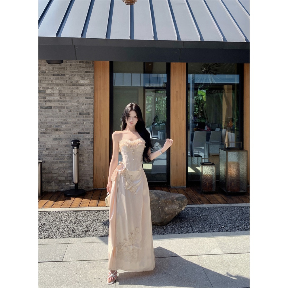 復古典雅 精緻做工 平口蕾絲珍珠高貴馬甲 優雅長裙 長禮服 婚禮禮服 新娘禮服 輕婚紗 古典禮服 香檳色 珠光 套裝-細節圖5