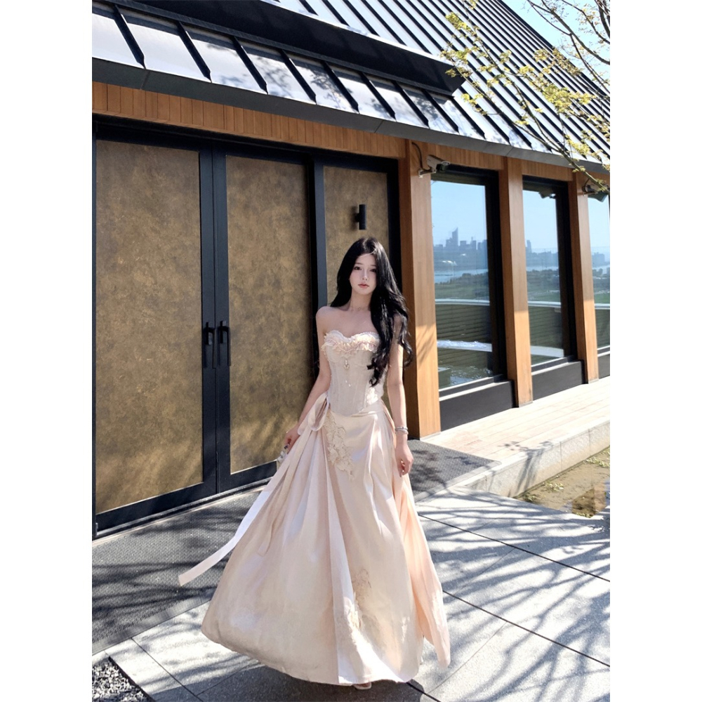 復古典雅 精緻做工 平口蕾絲珍珠高貴馬甲 優雅長裙 長禮服 婚禮禮服 新娘禮服 輕婚紗 古典禮服 香檳色 珠光 套裝-細節圖6