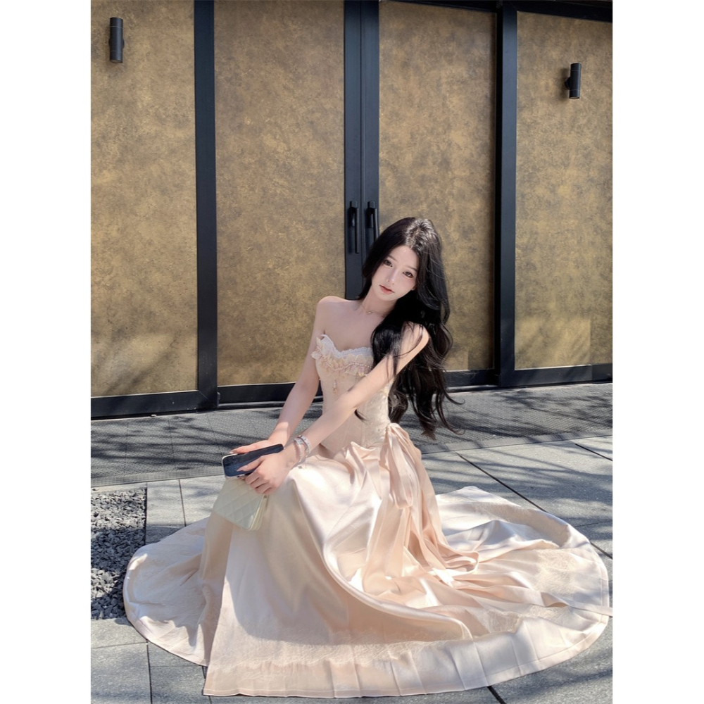 復古典雅 精緻做工 平口蕾絲珍珠高貴馬甲 優雅長裙 長禮服 婚禮禮服 新娘禮服 輕婚紗 古典禮服 香檳色 珠光 套裝-細節圖7