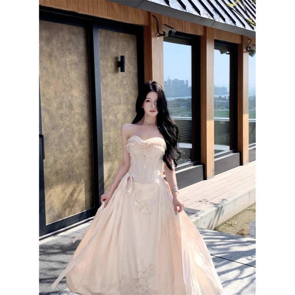 復古典雅 精緻做工 平口蕾絲珍珠高貴馬甲 優雅長裙 長禮服 婚禮禮服 新娘禮服 輕婚紗 古典禮服 香檳色 珠光 套裝-細節圖8