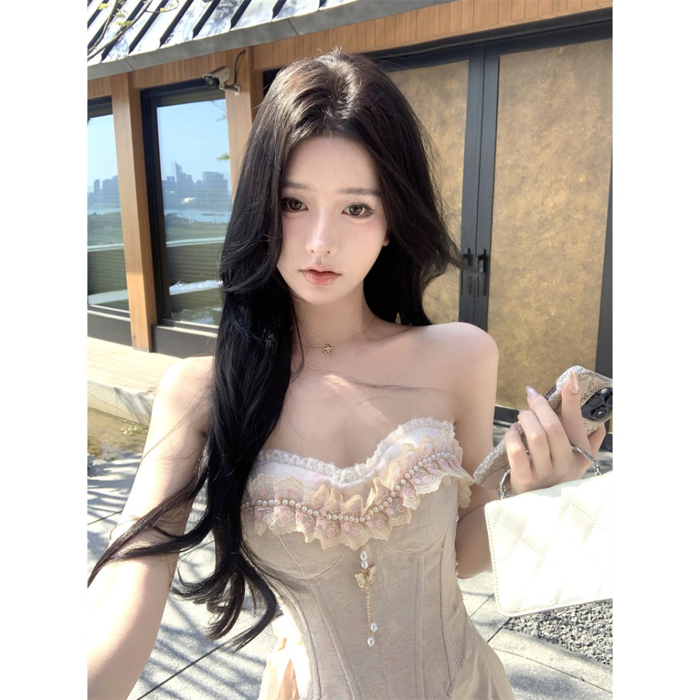 復古典雅 精緻做工 平口蕾絲珍珠高貴馬甲 優雅長裙 長禮服 婚禮禮服 新娘禮服 輕婚紗 古典禮服 香檳色 珠光 套裝-細節圖9