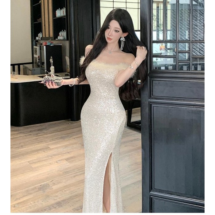 復古風 高貴奢華 露肩一字領香檳金開岔性感亮片長禮服 亮片禮服 金色禮服 晚宴服 性感洋裝 露腿 亮片洋裝 晚宴服-細節圖2