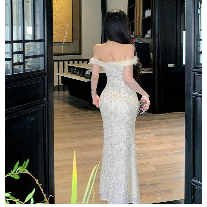 復古風 高貴奢華 露肩一字領香檳金開岔性感亮片長禮服 亮片禮服 金色禮服 晚宴服 性感洋裝 露腿 亮片洋裝 晚宴服-細節圖5