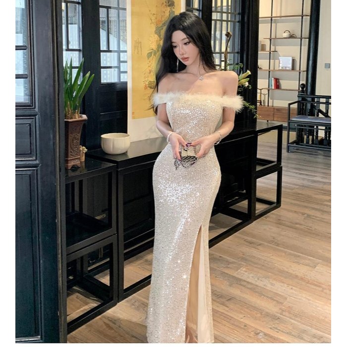 復古風 高貴奢華 露肩一字領香檳金開岔性感亮片長禮服 亮片禮服 金色禮服 晚宴服 性感洋裝 露腿 亮片洋裝 晚宴服-細節圖6