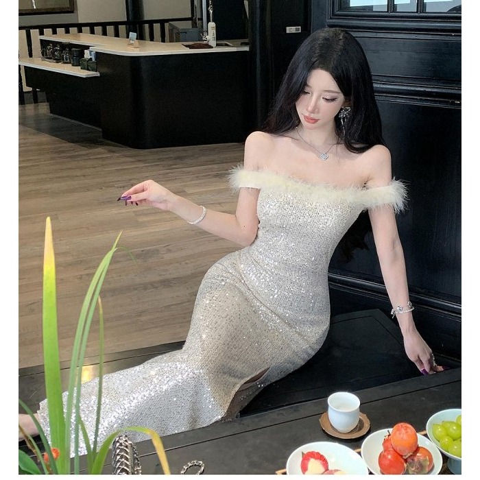 復古風 高貴奢華 露肩一字領香檳金開岔性感亮片長禮服 亮片禮服 金色禮服 晚宴服 性感洋裝 露腿 亮片洋裝 晚宴服-細節圖8