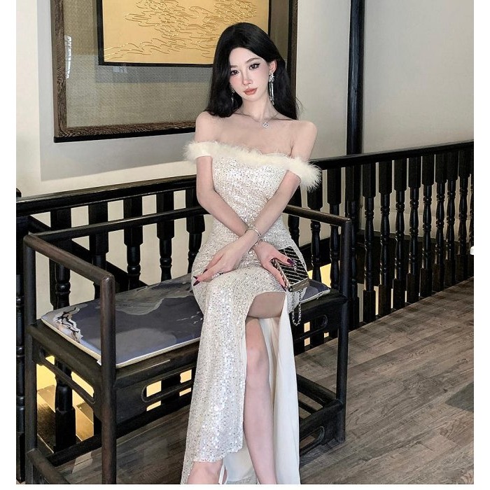 復古風 高貴奢華 露肩一字領香檳金開岔性感亮片長禮服 亮片禮服 金色禮服 晚宴服 性感洋裝 露腿 亮片洋裝 晚宴服-細節圖9