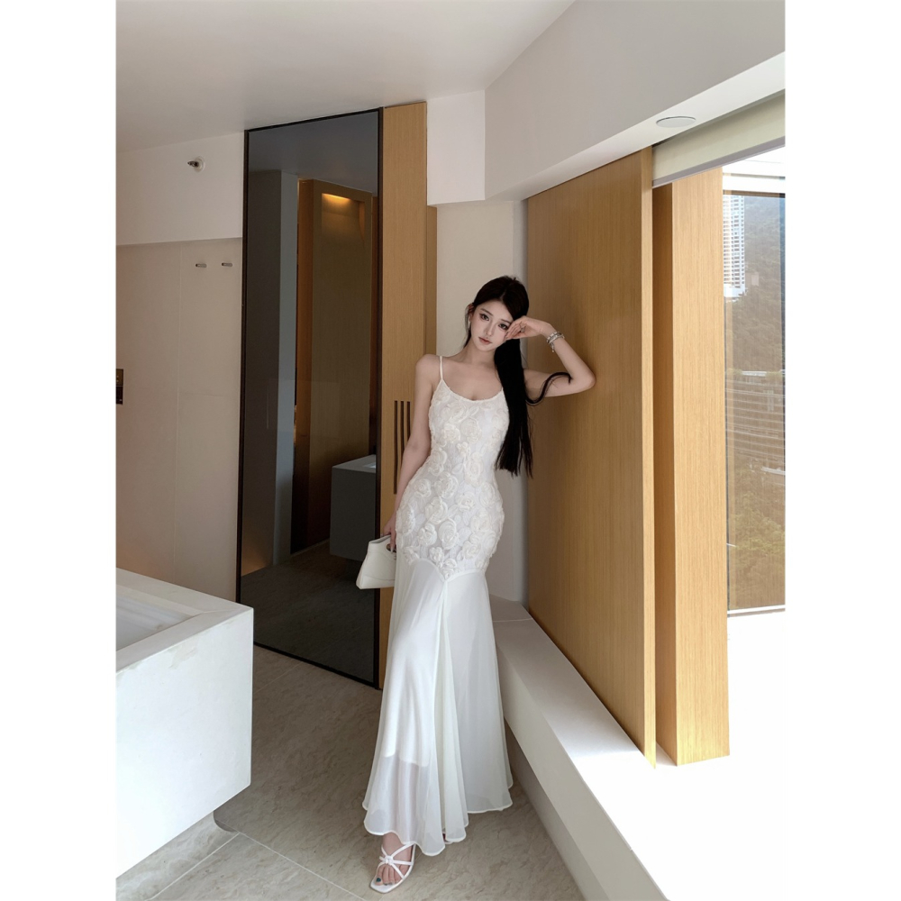 經典氣質名媛 優雅純白細肩帶花朵魚尾長禮服 魚尾裙 輕婚紗 純白禮服 性感禮服 長禮服 白色紗裙 晚禮服-細節圖2