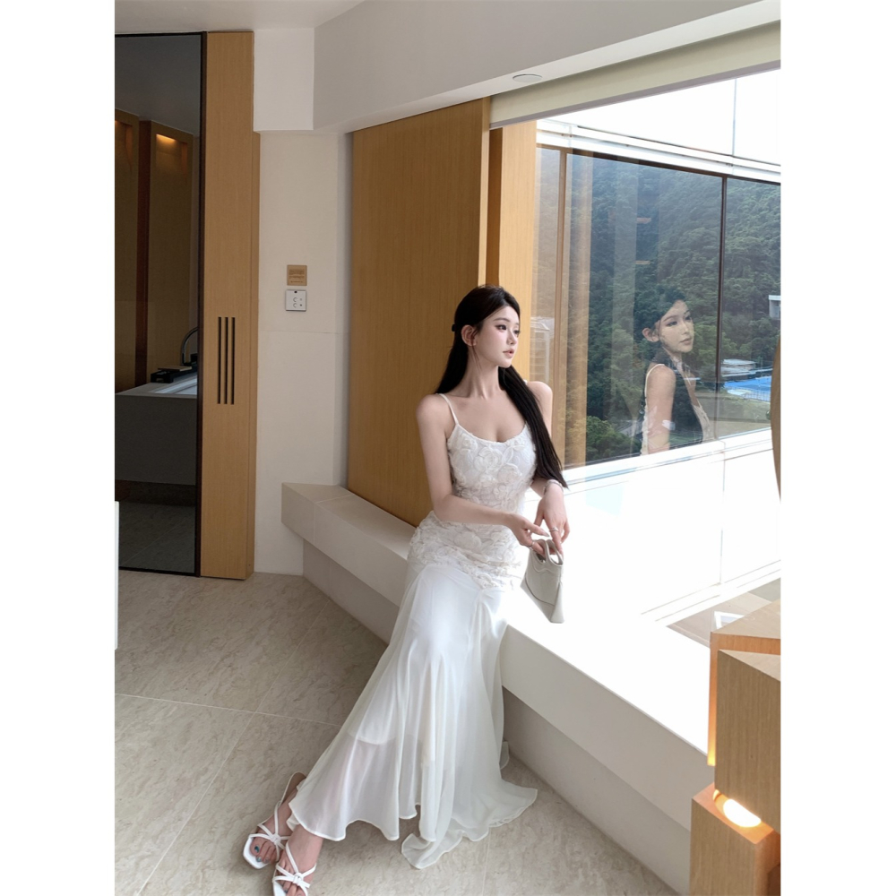 經典氣質名媛 優雅純白細肩帶花朵魚尾長禮服 魚尾裙 輕婚紗 純白禮服 性感禮服 長禮服 白色紗裙 晚禮服-細節圖3