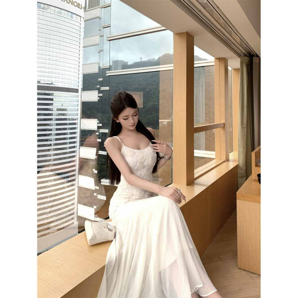 經典氣質名媛 優雅純白細肩帶花朵魚尾長禮服 魚尾裙 輕婚紗 純白禮服 性感禮服 長禮服 白色紗裙 晚禮服-細節圖4
