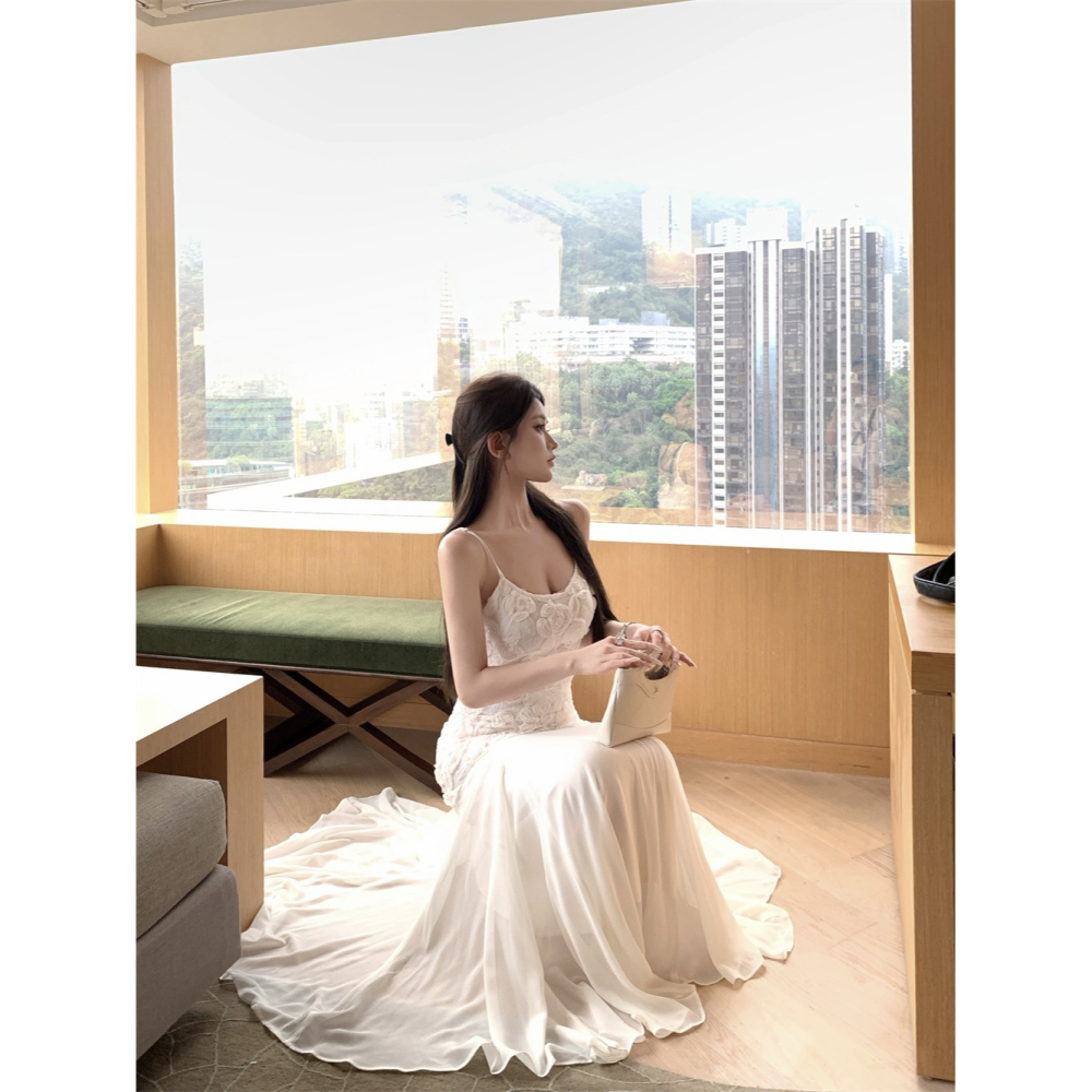 經典氣質名媛 優雅純白細肩帶花朵魚尾長禮服 魚尾裙 輕婚紗 純白禮服 性感禮服 長禮服 白色紗裙 晚禮服-細節圖5