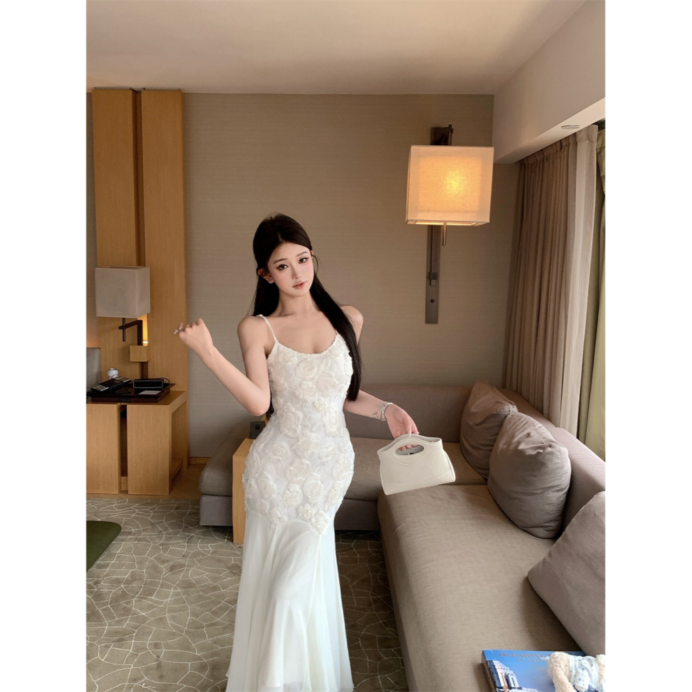 經典氣質名媛 優雅純白細肩帶花朵魚尾長禮服 魚尾裙 輕婚紗 純白禮服 性感禮服 長禮服 白色紗裙 晚禮服-細節圖6