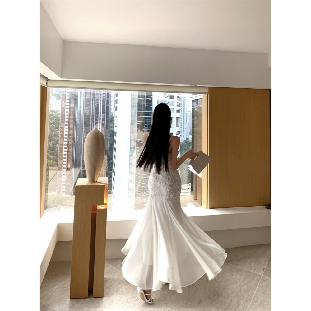 經典氣質名媛 優雅純白細肩帶花朵魚尾長禮服 魚尾裙 輕婚紗 純白禮服 性感禮服 長禮服 白色紗裙 晚禮服-細節圖7