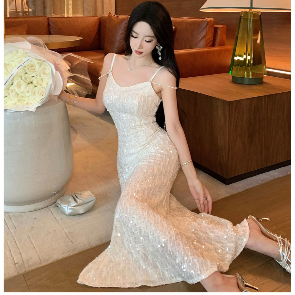 氣質典雅 白色精緻亮片 細肩帶魚尾亮片長禮服 輕婚紗 晚禮服 晚宴服 亮片禮服 白色禮服 新娘禮服 伴娘禮服-細節圖3