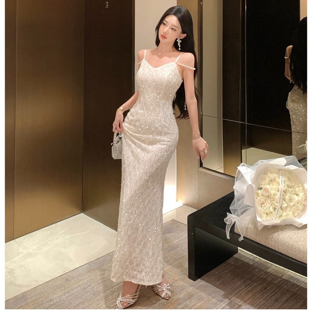 氣質典雅 白色精緻亮片 細肩帶魚尾亮片長禮服 輕婚紗 晚禮服 晚宴服 亮片禮服 白色禮服 新娘禮服 伴娘禮服-細節圖4